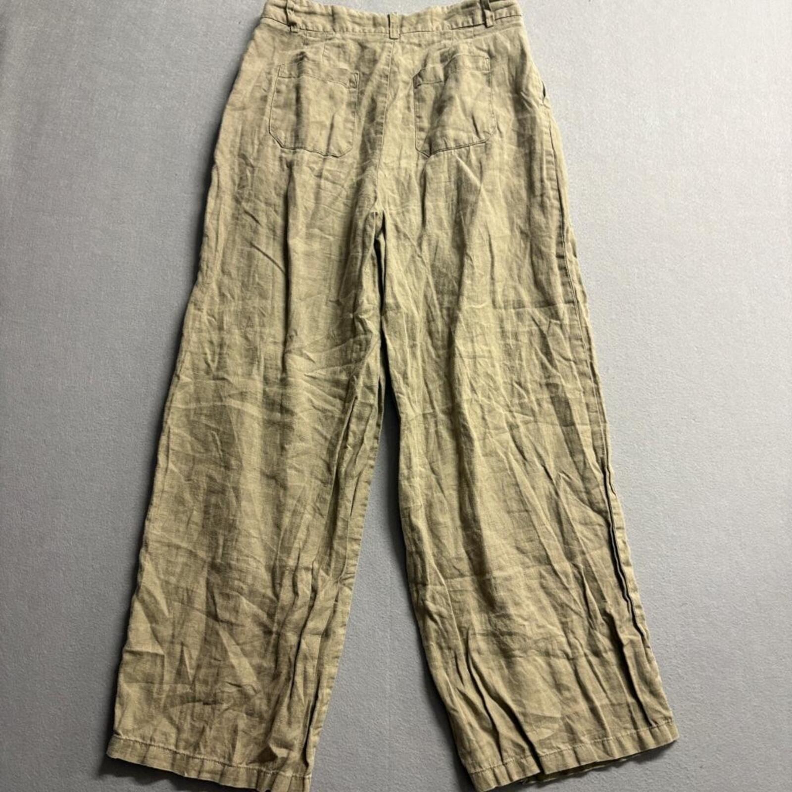 Zara Linen Pants Womens Small Olive Green Wide Leg Pleated High Rise Casual