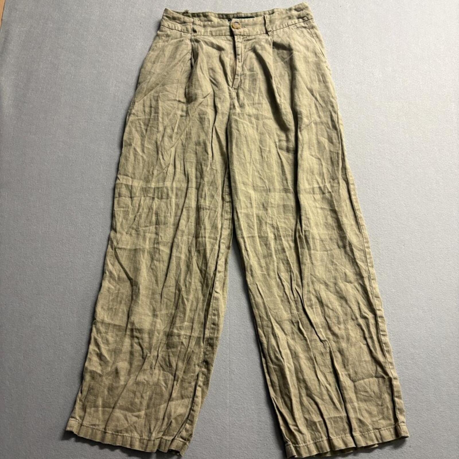 Zara Linen Pants Womens Small Olive Green Wide Leg Pleated High Rise Casual