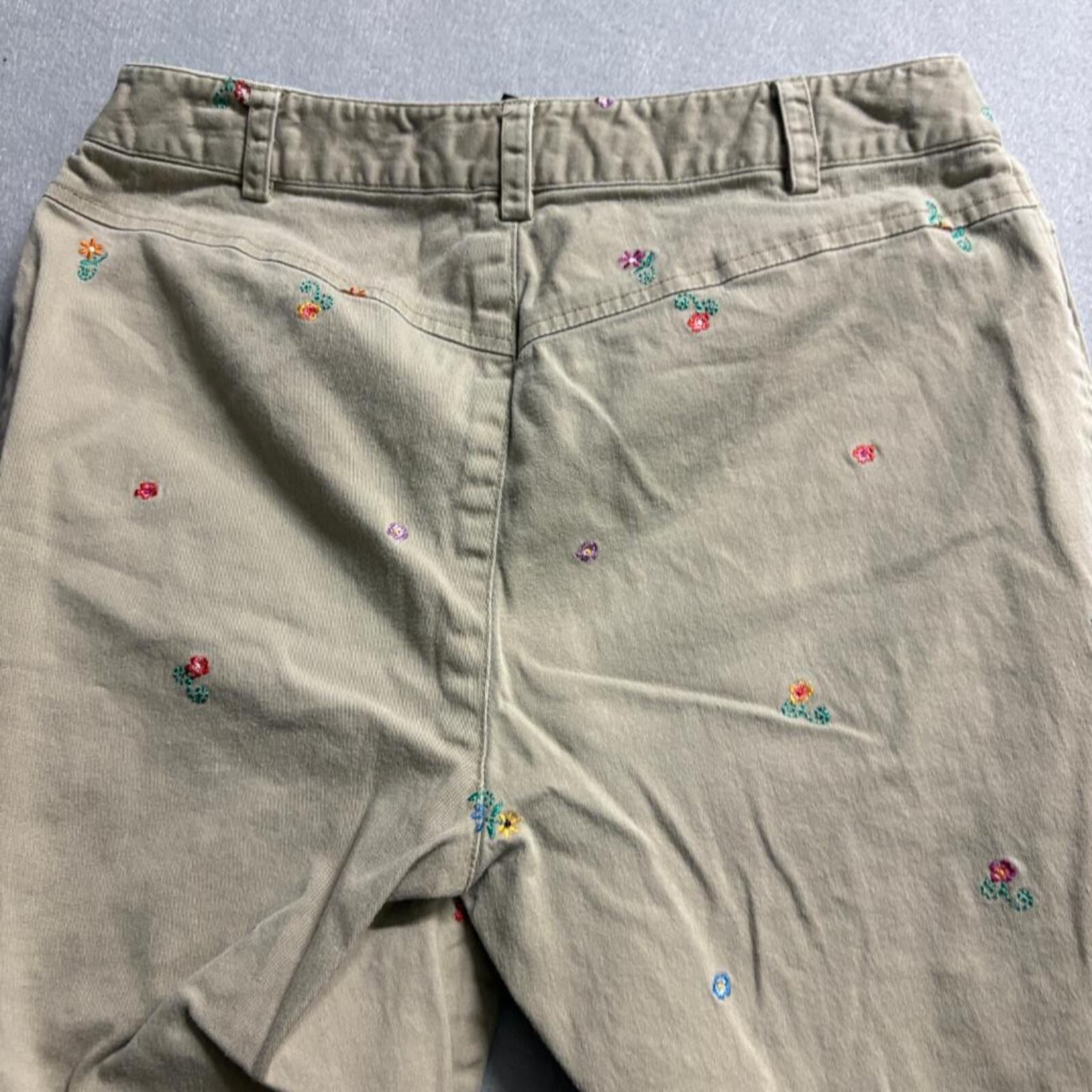 Rafaella Petites Embroidered Floral Khaki Pants Womens 8P Beige Cotton Stretch