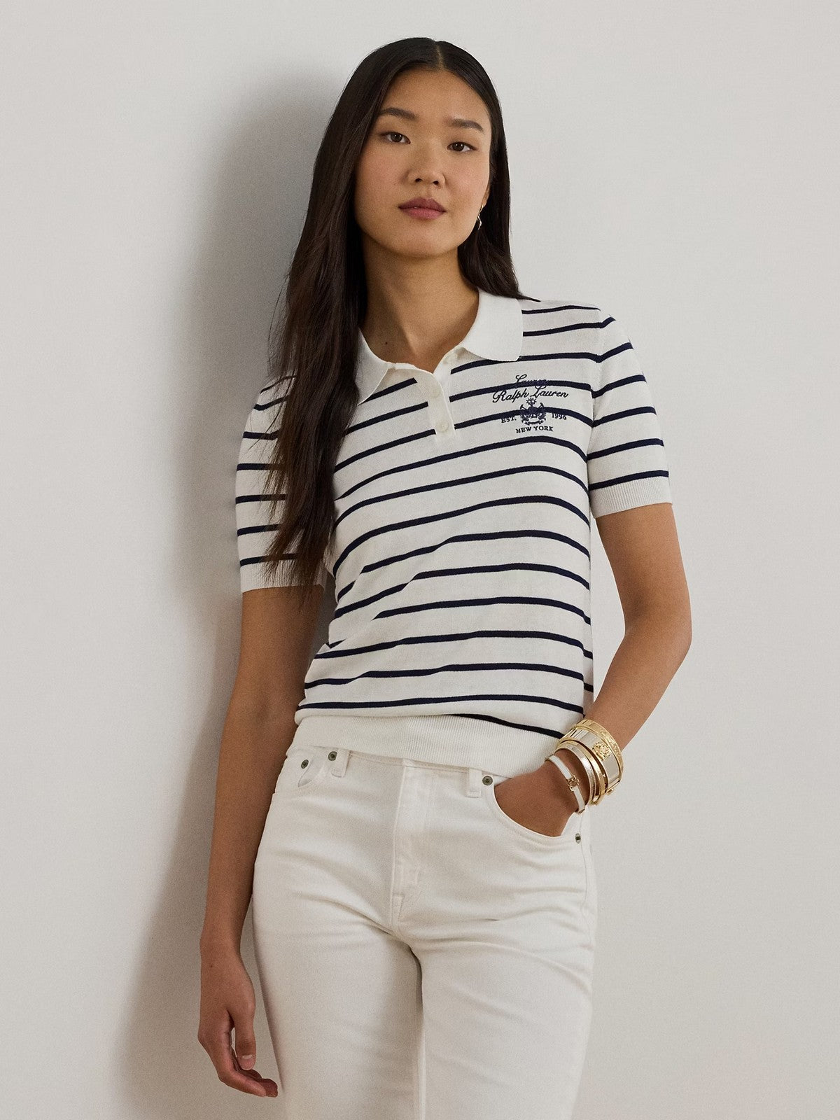 LAUREN RALPH LAUREN Polo Donna NATRISSA-SHORT SLEEVE-PULLOVER 200P03506 001 WHITE/REFINED NAVY